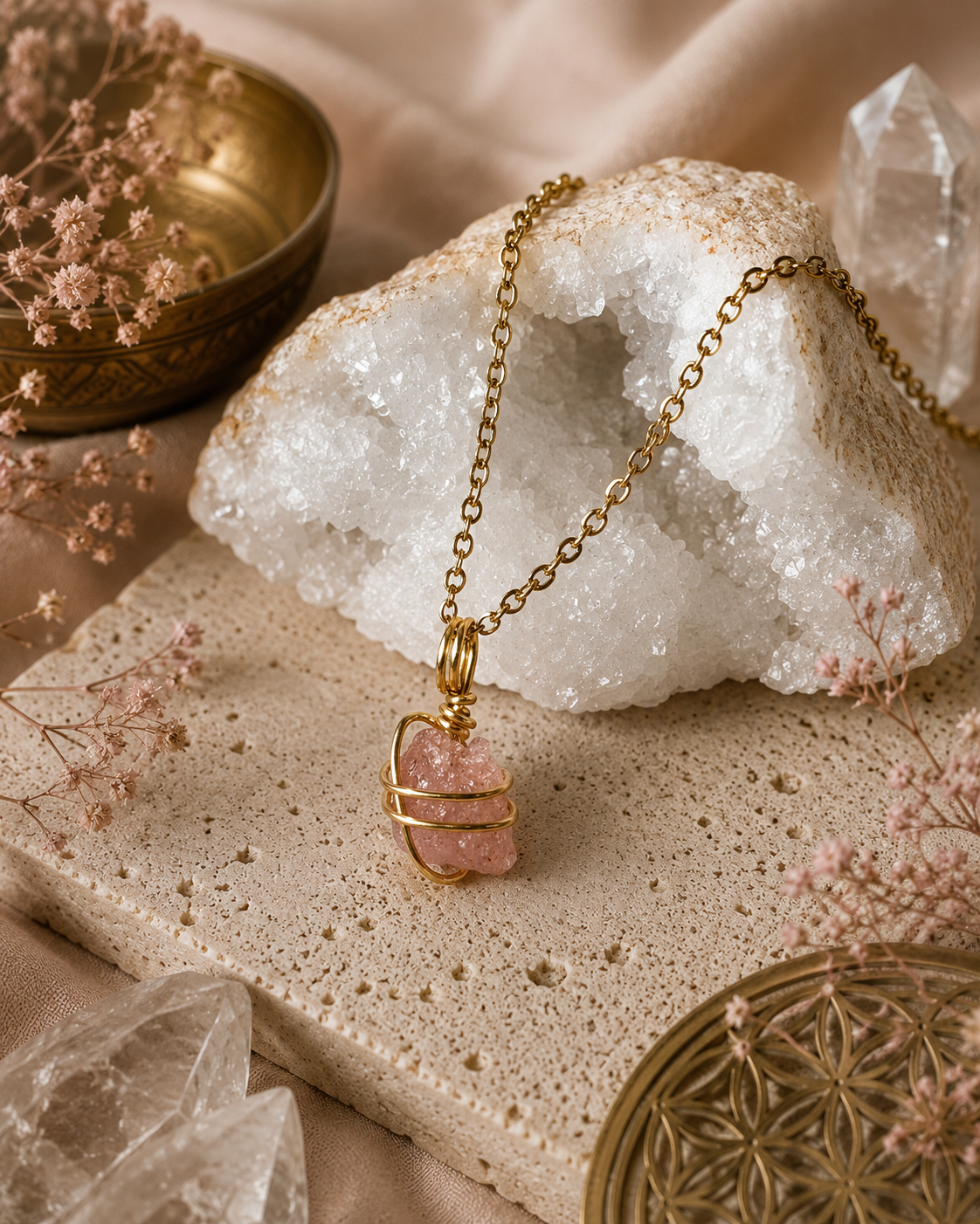 Blush - Erdbeerquarz Kette Gold