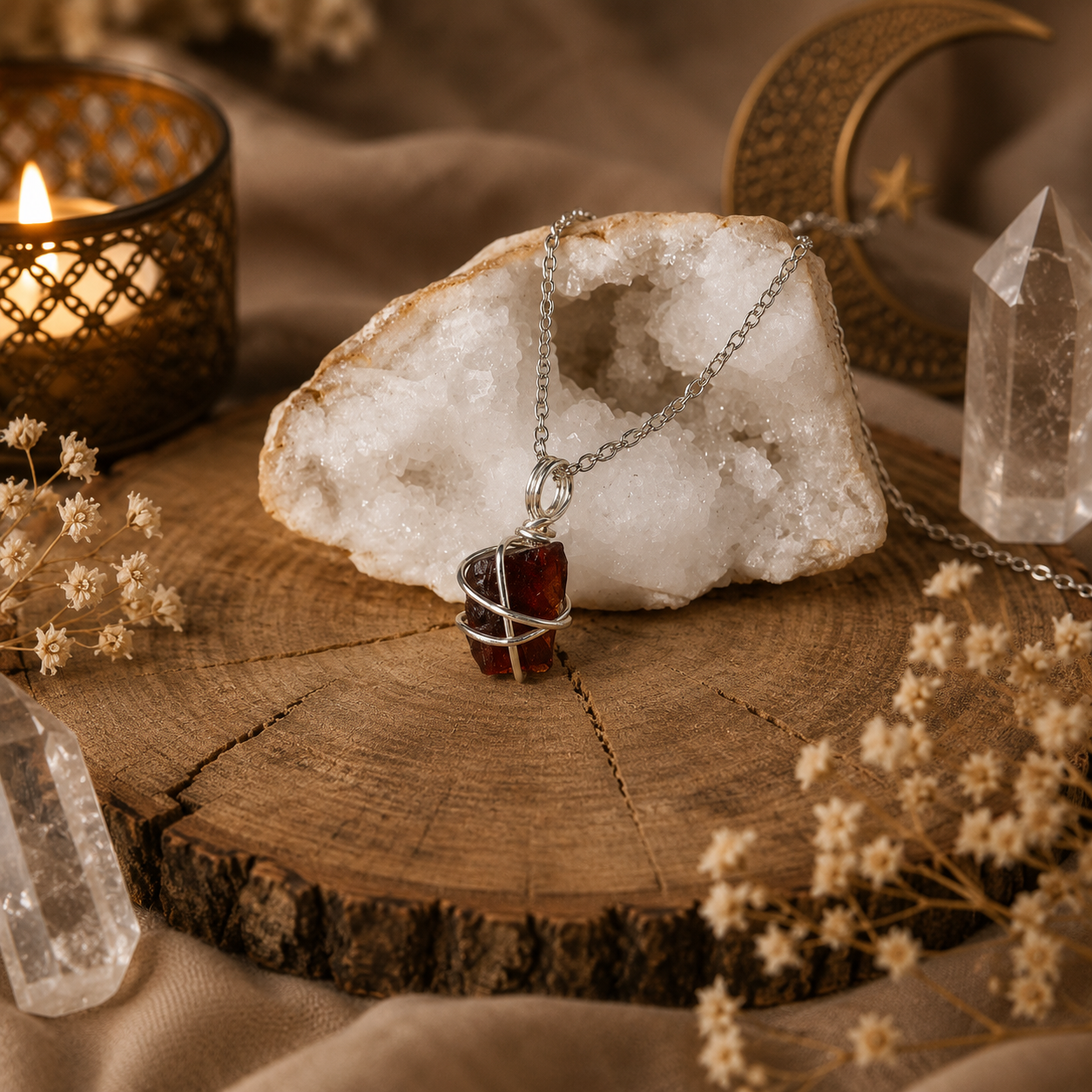 Crimson Flame - Granat Kette Silber