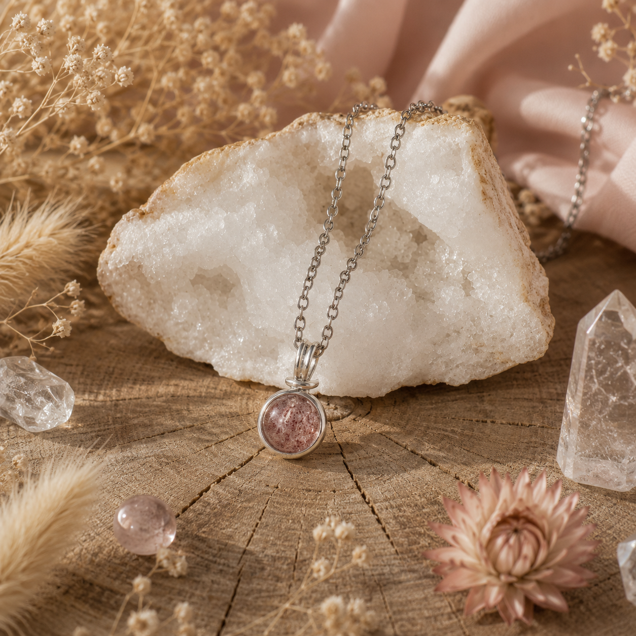 Berry Bloom - Erdbeerquarz Perlenkette Silber